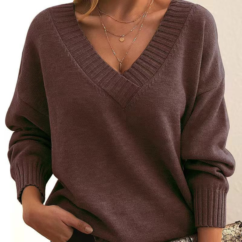 Solid V-Neck Sweater – Women’s Loose Knit Long-Sleeve Top for Autumn & Winter
