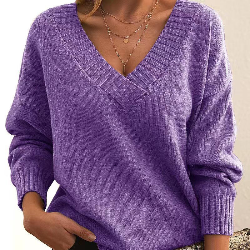 Solid V-Neck Sweater – Women’s Loose Knit Long-Sleeve Top for Autumn & Winter