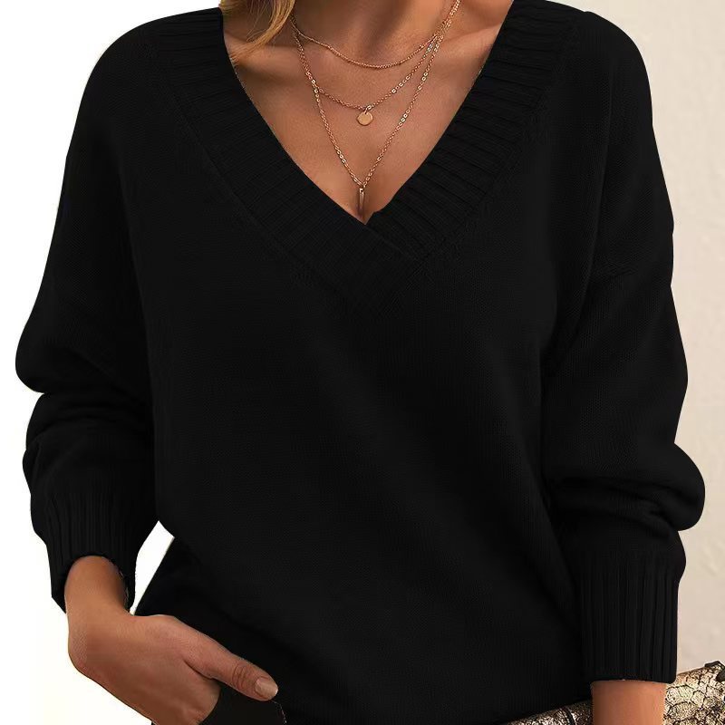 Solid V-Neck Sweater – Women’s Loose Knit Long-Sleeve Top for Autumn & Winter