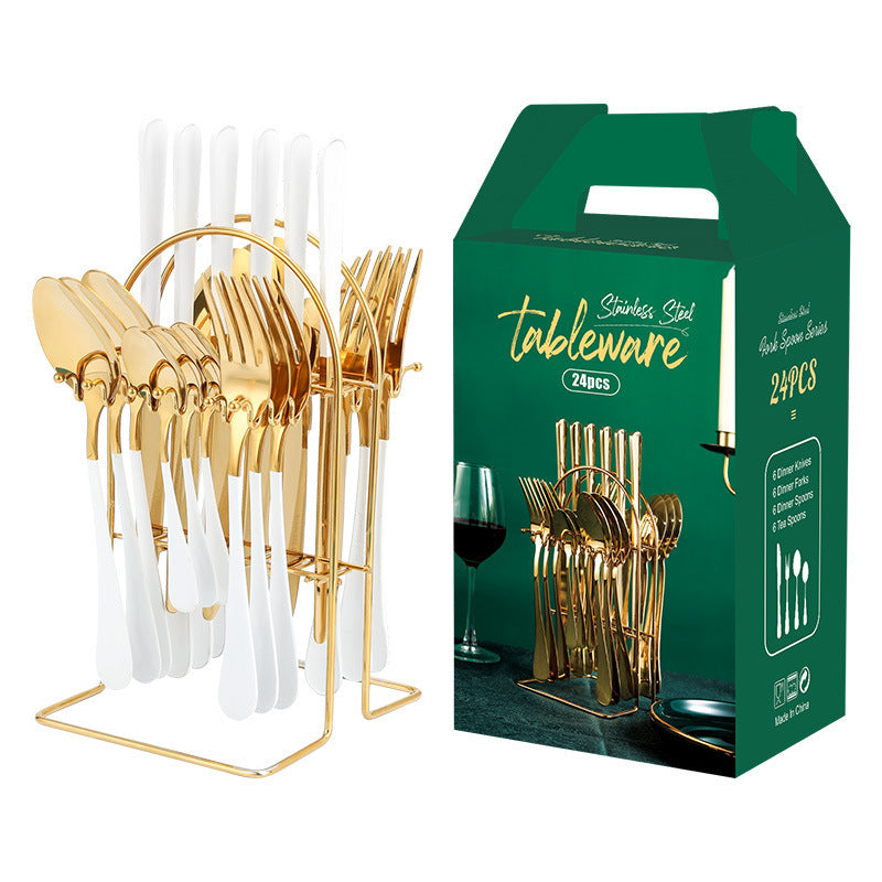Gold Stainless Steel Dinnerware Set – Luxury Cutlery Set with Storage Rack
