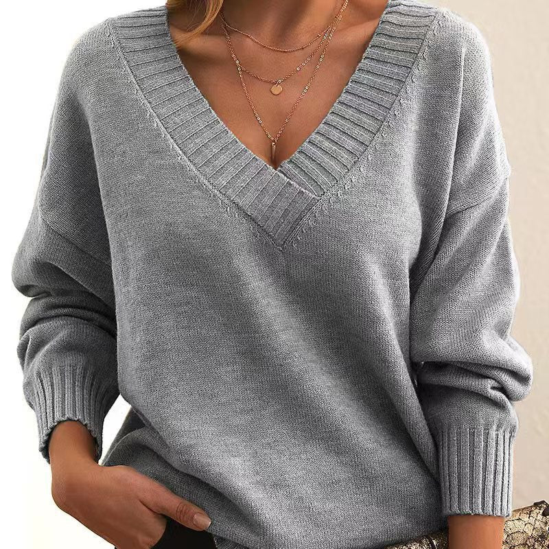 Solid V-Neck Sweater – Women’s Loose Knit Long-Sleeve Top for Autumn & Winter