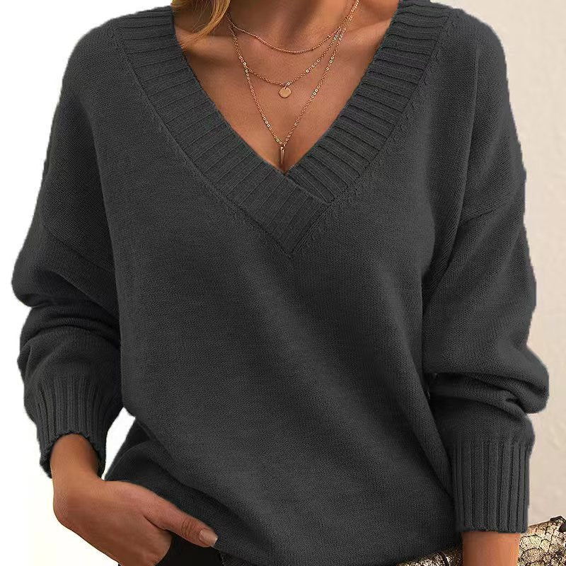 Solid V-Neck Sweater – Women’s Loose Knit Long-Sleeve Top for Autumn & Winter