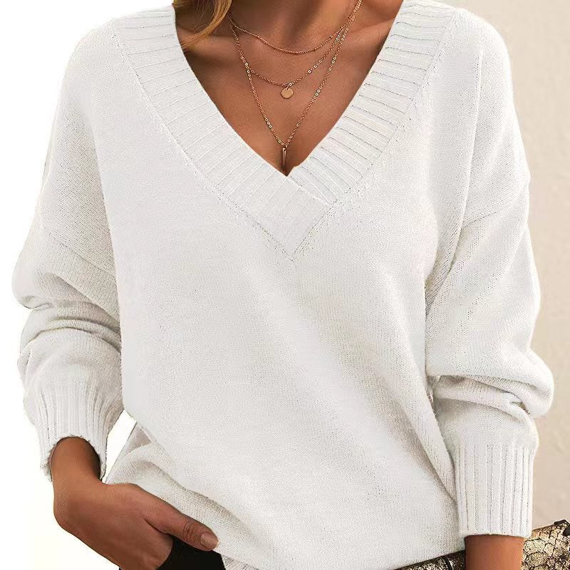 Solid V-Neck Sweater – Women’s Loose Knit Long-Sleeve Top for Autumn & Winter