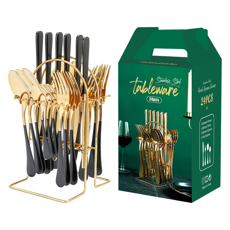 Gold Stainless Steel Dinnerware Set – Luxury Cutlery Set with Storage Rack