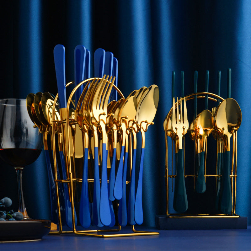 Gold Stainless Steel Dinnerware Set – Luxury Cutlery Set with Storage Rack