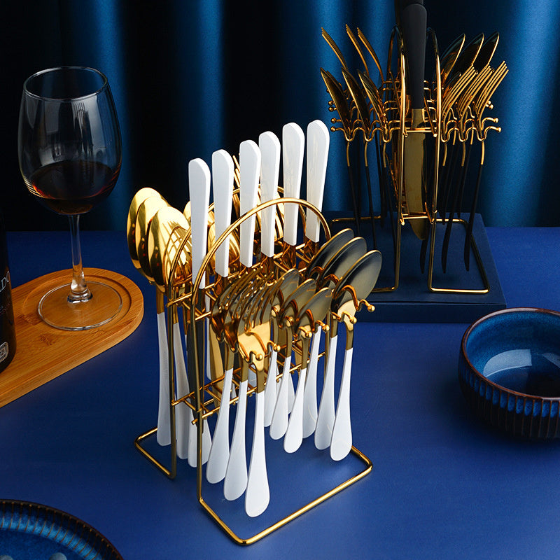 Gold Stainless Steel Dinnerware Set – Luxury Cutlery Set with Storage Rack