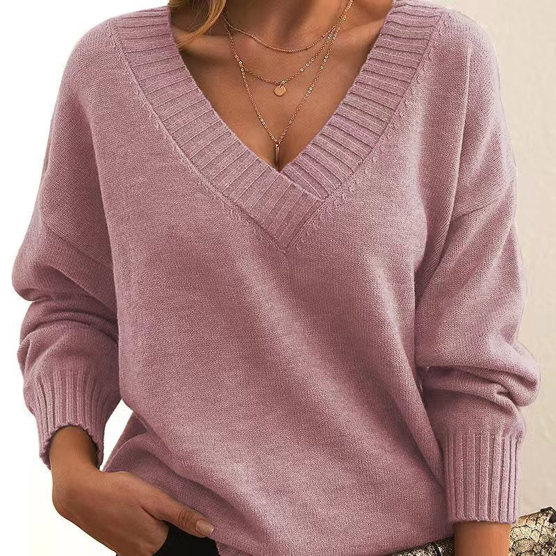 Solid V-Neck Sweater – Women’s Loose Knit Long-Sleeve Top for Autumn & Winter