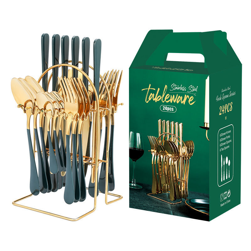 Gold Stainless Steel Dinnerware Set – Luxury Cutlery Set with Storage Rack