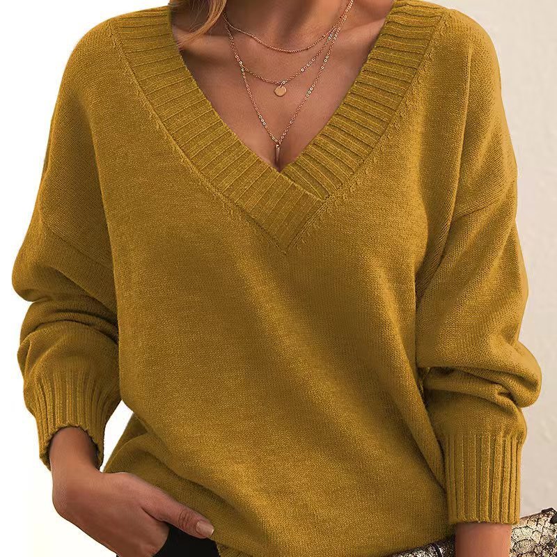 Solid V-Neck Sweater – Women’s Loose Knit Long-Sleeve Top for Autumn & Winter