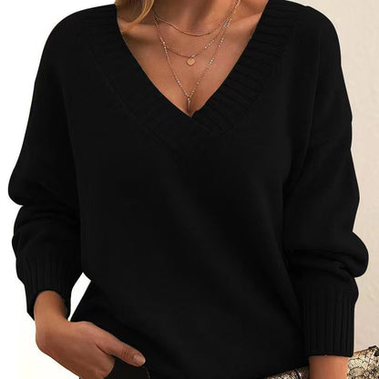 Solid V-Neck Sweater – Women’s Loose Knit Long-Sleeve Top for Autumn & Winter
