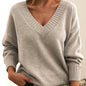 Solid V-Neck Sweater – Women’s Loose Knit Long-Sleeve Top for Autumn & Winter