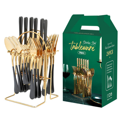 Gold Stainless Steel Dinnerware Set – Luxury Cutlery Set with Storage Rack