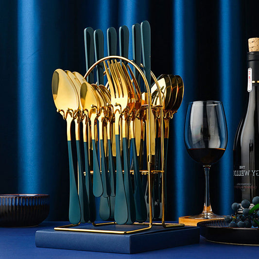 Gold Stainless Steel Dinnerware Set – Luxury Cutlery Set with Storage Rack