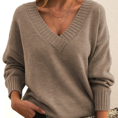 Solid V-Neck Sweater – Women’s Loose Knit Long-Sleeve Top for Autumn & Winter