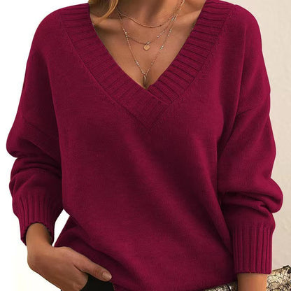 Solid V-Neck Sweater – Women’s Loose Knit Long-Sleeve Top for Autumn & Winter